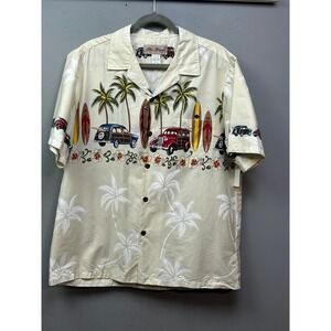 Blue Hawaii Hawaiian Islands Men's Surf Car Palm Tree Button Down Shirt